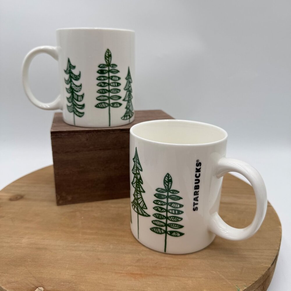 Starbucks Green Christmas Tree Coffee Mug Set 2, Vintage White Green Starbucks C